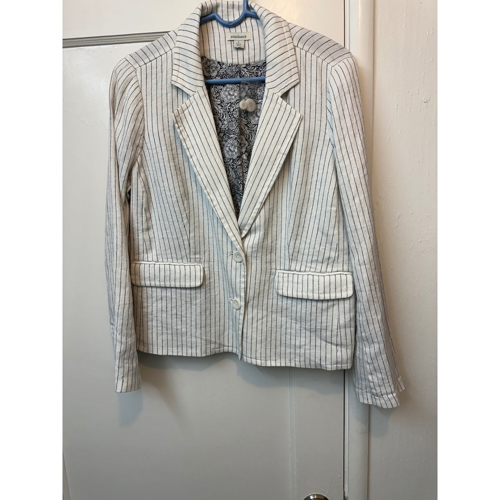 Sundance‎ Pinstripe Linen Blend Blazer Jacket White Black Floral Lining Large